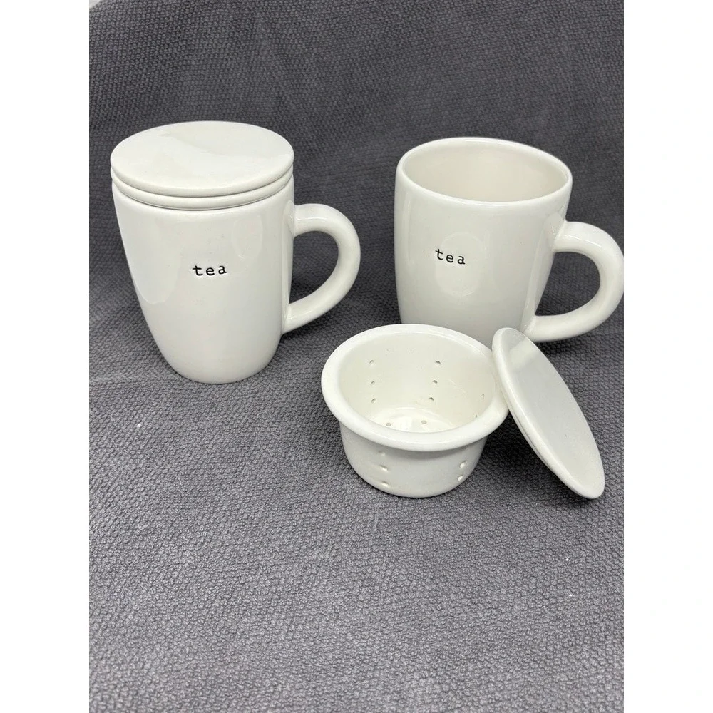 Pottery Barn Coffee House White‎ Ceramic Tea Mug Infuser Lid Set
